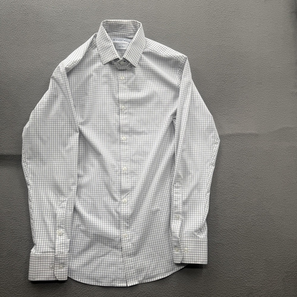 Mizzen+Main Leeward Shirt Mens Small White Check Trim Fit Stretch Dress